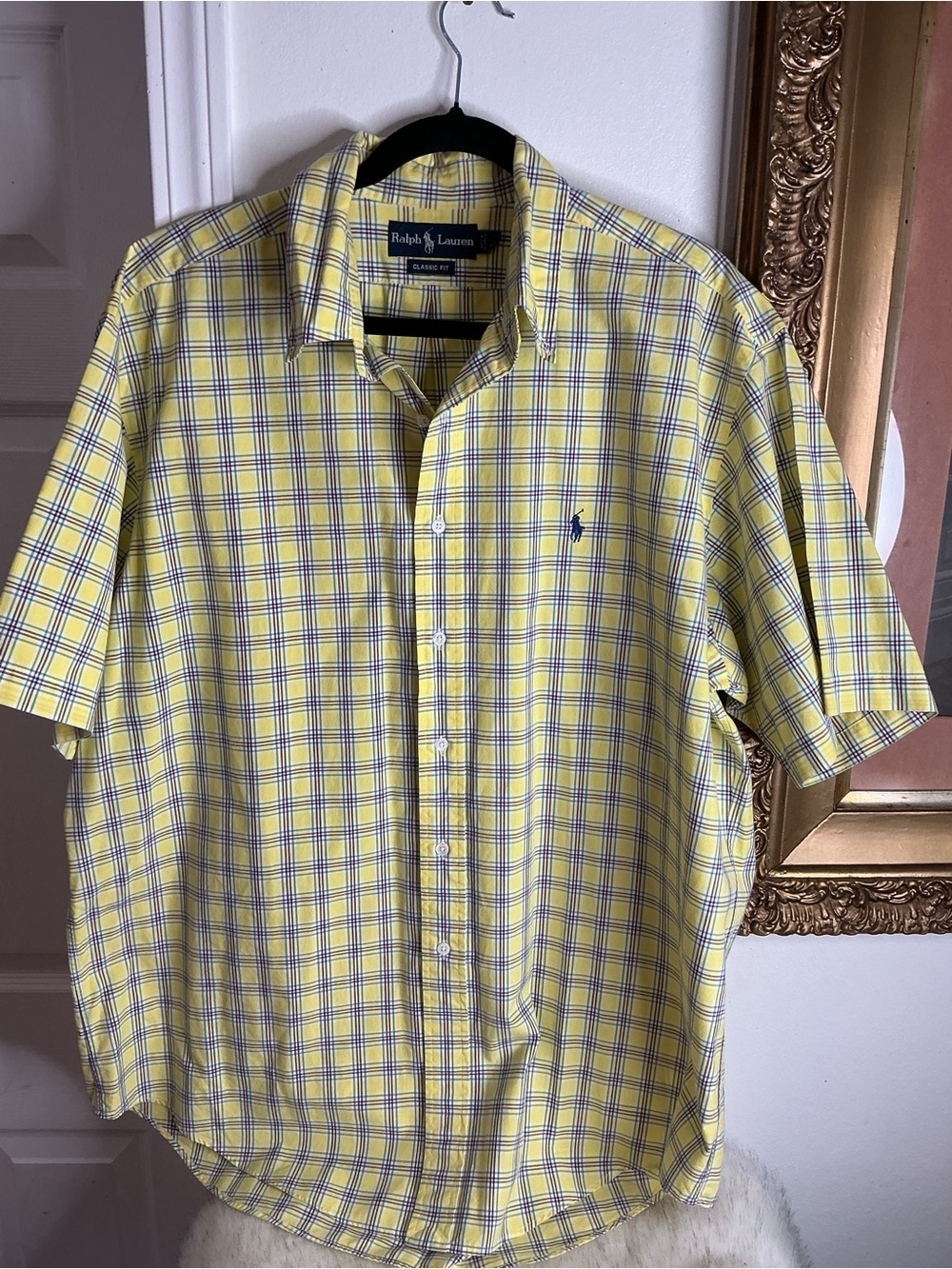 Ralph Lauren Yellow Plaid Short-Sleeve Button-Down Shirt with Blue Pony